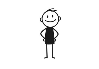 Black stick figure with hands on hips a smiling face and short standing legs