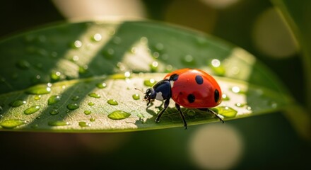 Vibrant red ladybug with black spots on a fresh green leaf covered in sparkling water droplets, captured in a detailed macro shot with natural light and a soft bokeh background.