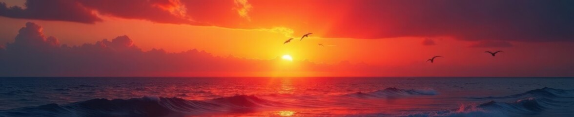 Fiery sunrise over tranquil ocean, birds in silhouette , golden hour, clouds