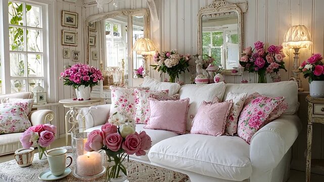 A charming living room bathed in soft pink hues and natural light, featuring a white sofa with floral patterned cushions and a profusion of pink roses.