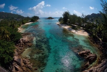 Panoramic view of a tropical bay showcasing crystal-clear turquoise water flanked by lush green vegetation, rocky shores, and glimpses of sandy beaches