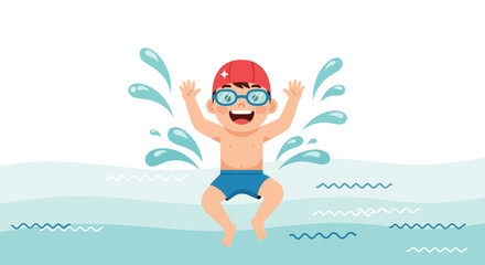 Joyful Child Jumping in the Pool, Creating Water Splashes With a Happy Expression