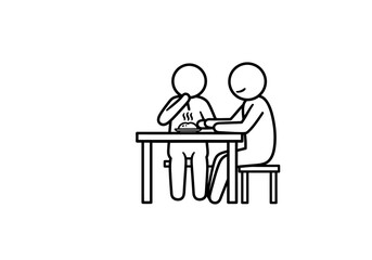 Two figures seated at a table one eating steaming food the other watching