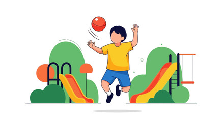 Fototapeta premium Joyful Child Playing Basketball at a Park Playground with Slides and Swings Illustration