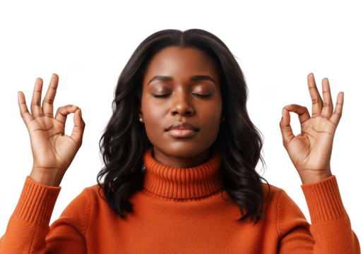 Meditating african american woman in orange sweater doing okay sign stock photo png image, mindfulness, yoga, isolated on transparent background - Powered by Adobe