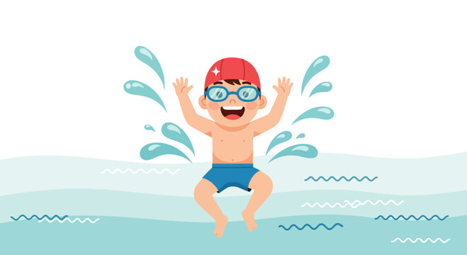 Joyful Child Jumping in the Pool, Creating Water Splashes With a Happy Expression