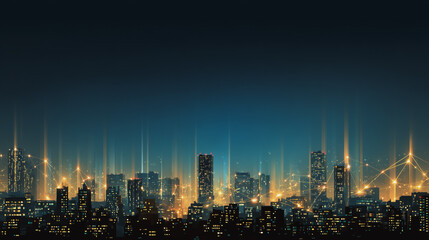 Fototapeta premium Twilight in the Smart digital Innovation city with connection network reciprocity over the cityscape. of future smart wireless digital city and social media networking systems that connects people