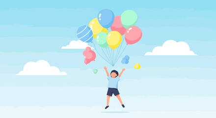 Joyful Child Reaching For Colorful Balloons Against A Bright Sky Background