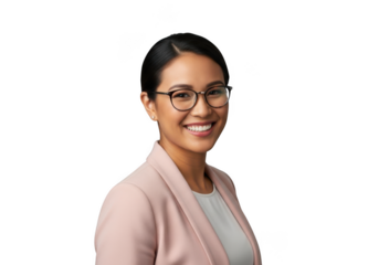 Smiling asian businesswoman wearing glasses and pink blazer, head and shoulders portrait for professional use isolated on transparent background