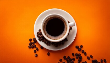 Cup Of Black Coffee With Beans On Orange Background
