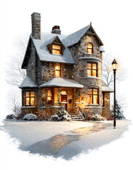 Naklejka premium Cozy stone cottage with warm lights and snow on a winter evening