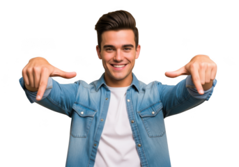 Smiling young man pointing downward gesture wearing denim shirt stock photo download isolated on transparent background