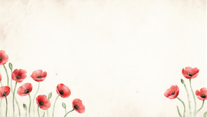 Red poppy field memorial floral watercolor background with vintage paper texture and empty space for text, gentle remembrance mood and soft natural colors