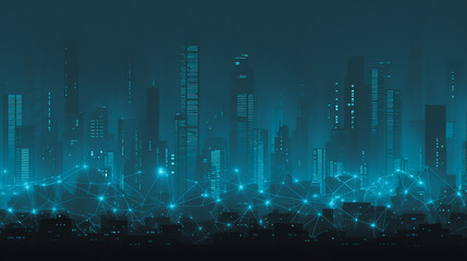Fototapeta premium Twilight in the Smart digital Innovation city with connection network reciprocity over the cityscape. of future smart wireless digital city and social media networking systems that connects people