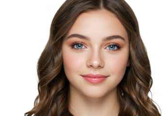 Young teenage girl headshot portrait with curly brown hair and expressive eyes transparent background