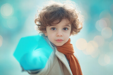 child wearing warm clothing holds glowing toy shield directed towards camera surrounded by soft clean pastel