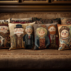 Embroidered portrait pillows arranged on a vintage couch in a warmly lit interior
