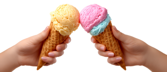 Hands Holding Ice Cream Cones in Summer Celebration Scene Isolate on Transparent Background, cutout, png