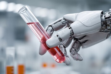 Robotic arm holding test tube with pink liquid in a lab setting