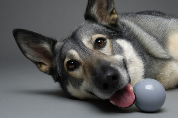 joyful dog playing with its favorite toy on clean neutral background