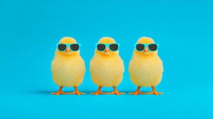 Fototapeta premium Three yellow chicks stand in a row wearing blue sunglasses against a bright blue background