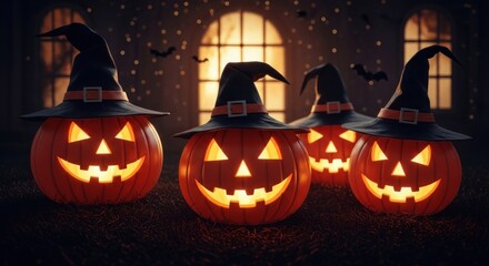 Spooky halloween pumpkins wearing witch hats glowing in the dark night