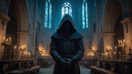 A hooded figure stands in a gothic cathedral, surrounded by flickering candlelight, silhouetted against the bright stained-glass windows