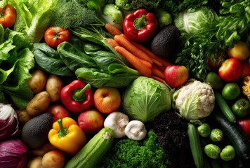 Vibrant array of fresh produce. Diverse vegetables and fruits, including tomatoes, lettuce, and peppers, showcasing nature's colorful bounty