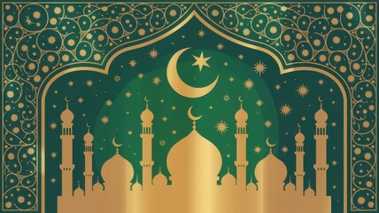 Ornate islamic archway adorned with golden mosque silhouettes and crescent moon