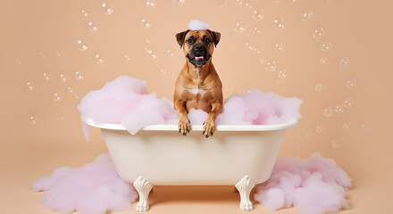 Foam Crown: Brown Dog in Peach Bath &ndash; Whimsical Pet Grooming Charm