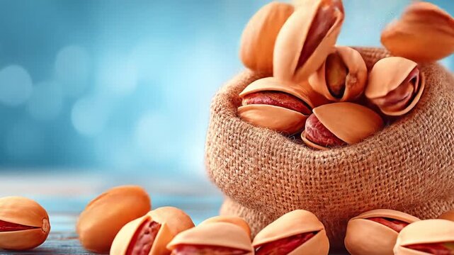 Fresh Pistachios overflowing from a rustic burlap sack on a blue background.