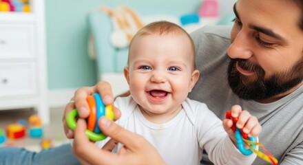 Fototapeta premium A smiling baby playing with colorful toys in a nursery.