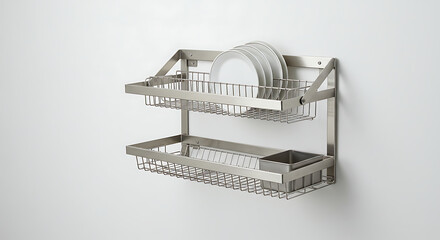 Wall-Mounted Stainless Steel Dish Drying Rack with White Plates, Perfect for Compact Kitchens and Modern Home Organization Solutions Today