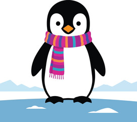 Cute cartoon penguin wearing a colorful striped scarf standing on ice with snowy mountains in background