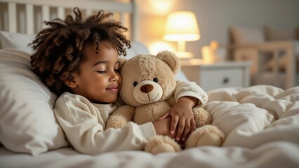 Boy hugging teddy bear at night, cozy atmosphere with soft glow, affection felt in warmth. Concept of boy hugging teddy bear at night, capturing innocence and comfort.