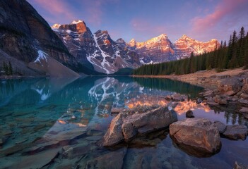 Serene landscape featuring a mountain range reflected in a lake, with large rocks in the foreground. Warm light illuminates the peaks and surrounding trees