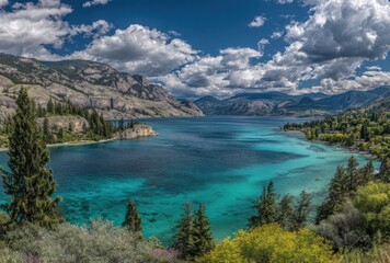 Turquoise lake vista framed by trees and mountains under a dynamic sky. Stunning landscape showcasing the beauty of nature