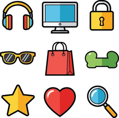 Flat Design Icons for Technology Shopping Security and Lifestyle Keywords: icons, technology, computer, monitor, headphones, security, lock, shopping, bag, sunglasses, heart, star, magnifying