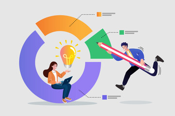 Business strategy and teamwork concept. A creative team analyzes data on a circular chart. The woman generates ideas with a laptop and lightbulb, while the man adds a new section with a giant pencil. 