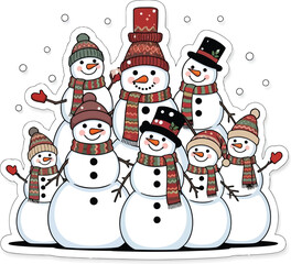 Group of Cute Snowmen Wearing Hats and Scarves in a Winter Scene snowman christmas