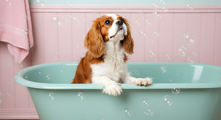Bubbles and Brown Eyes &ndash; A Spaniel&rsquo;s Soapy Pause in a Pink-Tiled Dream