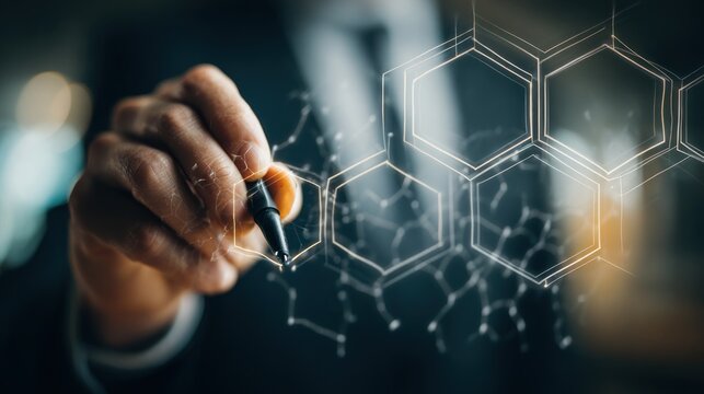A person in a suit points a marker pen to a luminous, geometric honeycomb pattern, seemingly floating in the air against a blurred background