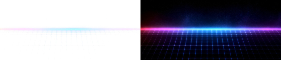 Neon Technology Banner with Minimal Glowing Grid Design Display on Transparent and Black Background, cutout, png
