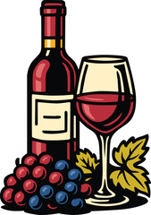 Red wine bottle with a glass, grapes, and leaves in elegant style. Editable EPS file perfect for winery, vineyard, celebration, gourmet, menu, beverage branding, and festive projects.