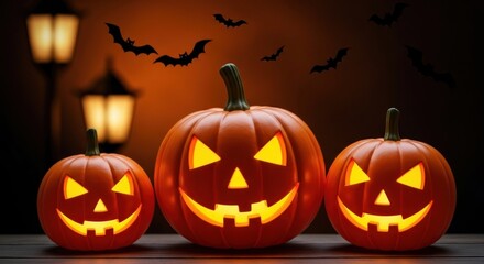 Three glowing jack o lanterns with bats flying in the background scene