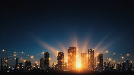 Obraz premium Twilight in the Smart digital Innovation city with connection network reciprocity over the cityscape. of future smart wireless digital city and social media networking systems that connects people
