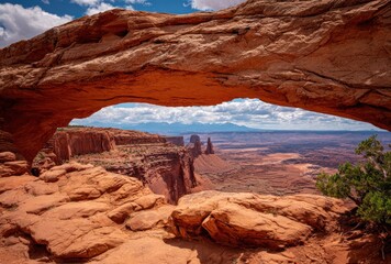 Mesa Arch frames distant mesa peaks under a partly cloudy sky, showcasing orange sandstone textures and desert landscape