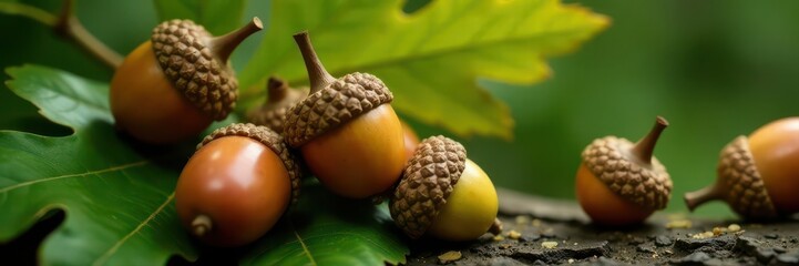 Mature brown acorns nestled amongst Holm oak leaves , quercus ilex, leaf, image