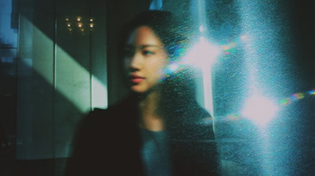 Contemplative Woman Sitting at Kitchen Table in Warm Dramatic Light