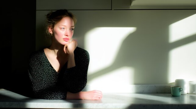 Thoughtful Woman in Dark Jacket Sitting at Kitchen Table